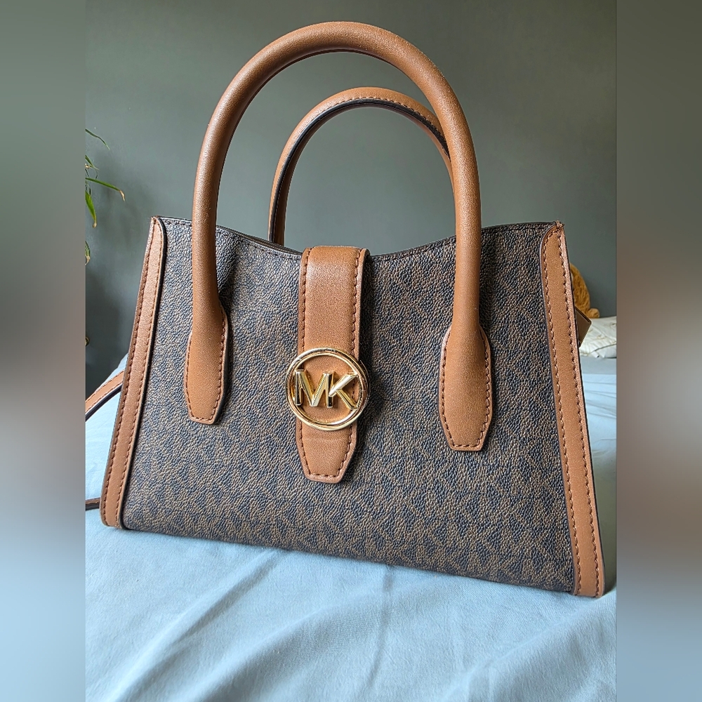 Michael Kors Brown and Gold Satchel with Signature MK Monogram